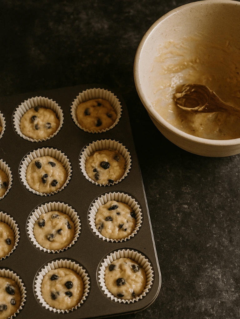 Muffin tin filled with blueberry muffin batter ready for baking