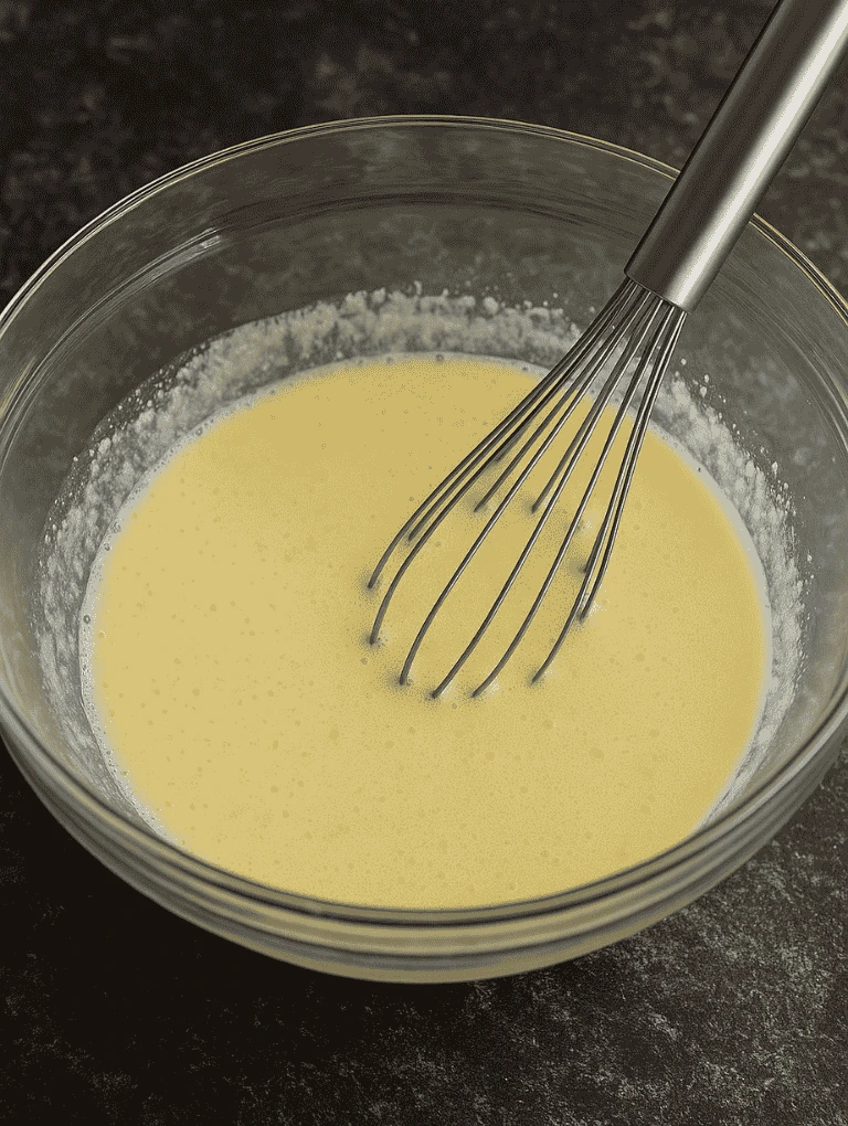 Whisking wet ingredients including egg, sugar, butter, sour cream, lemon juice, and zest in a glass bowl.