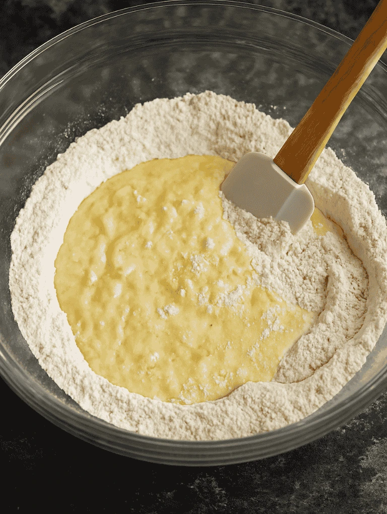 Wet mixture added to dry ingredients in a glass bowl with a spatula beginning to fold the batter.