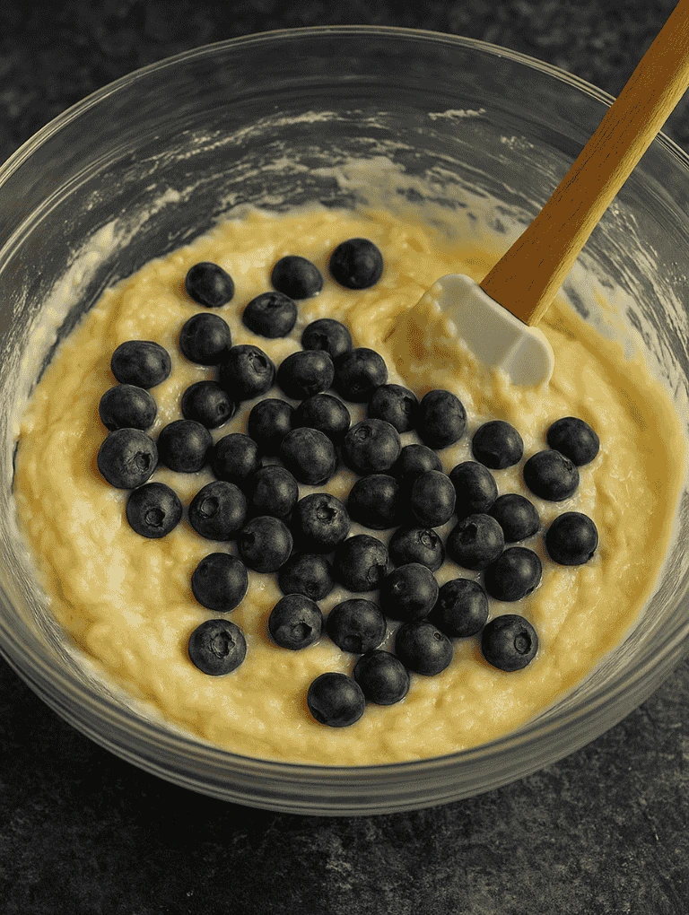 Fresh blueberries resting on top of muffin batter in a bowl before folding.