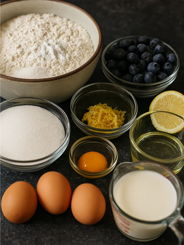 Ingredients for homemade gluten-free Panera Bread Blueberry Muffin on dark kitchen countertop