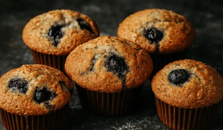 Freshly baked Panera Bread Blueberry Muffin on a dark countertop