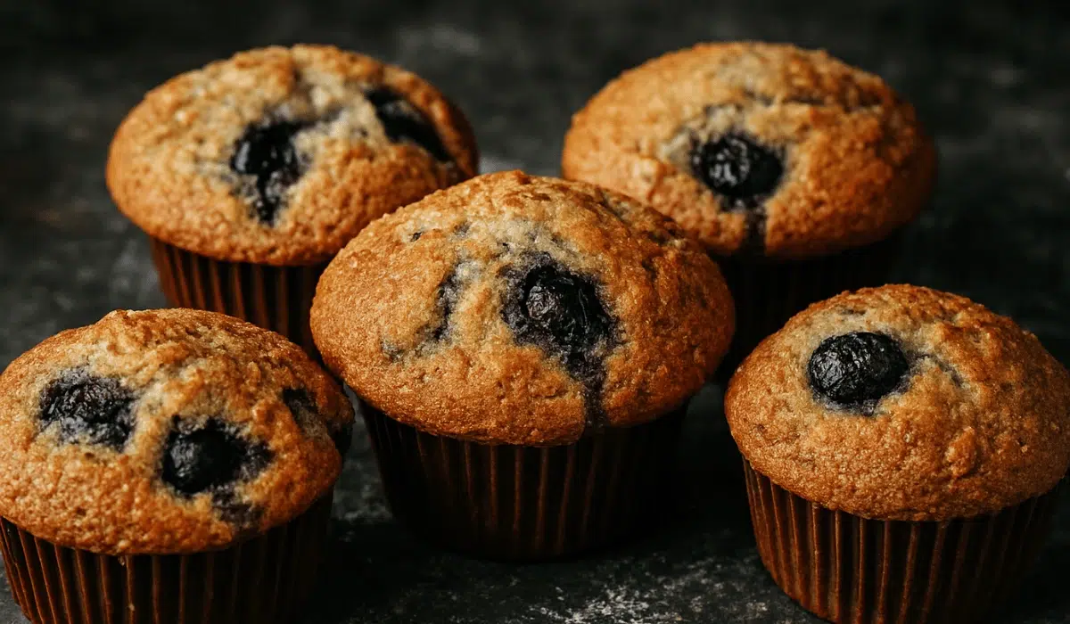 Freshly baked Panera Bread Blueberry Muffin on a dark countertop