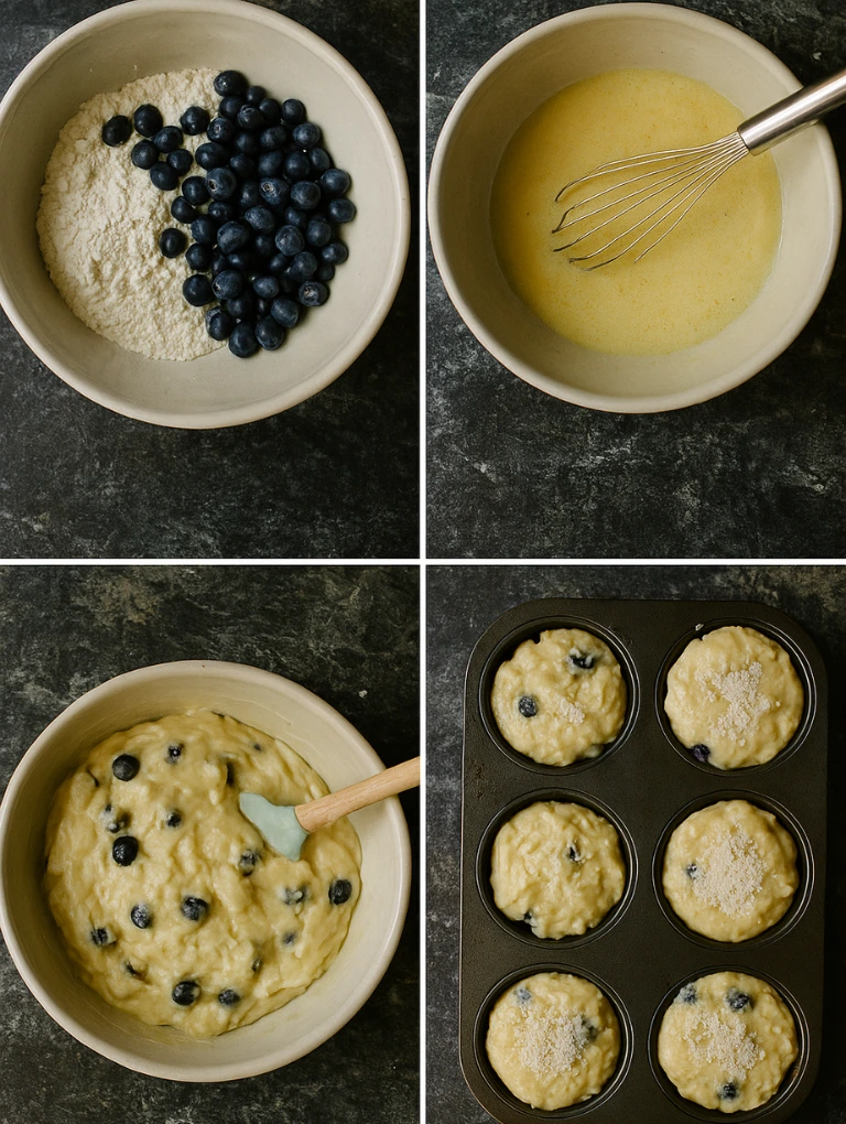 Step-by-step mixing process of gluten-free blueberry muffin batter