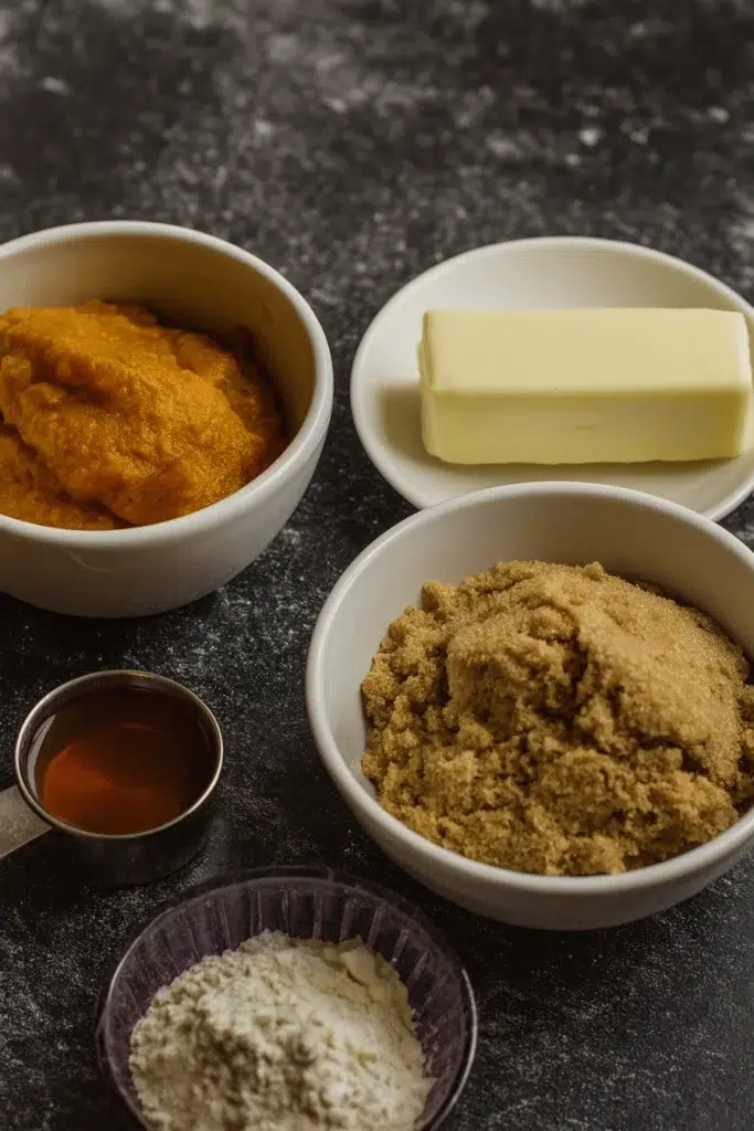 Measured ingredients for pumpkin cinnamon roll muffins including butter, pumpkin puree, flour, and brown sugar
