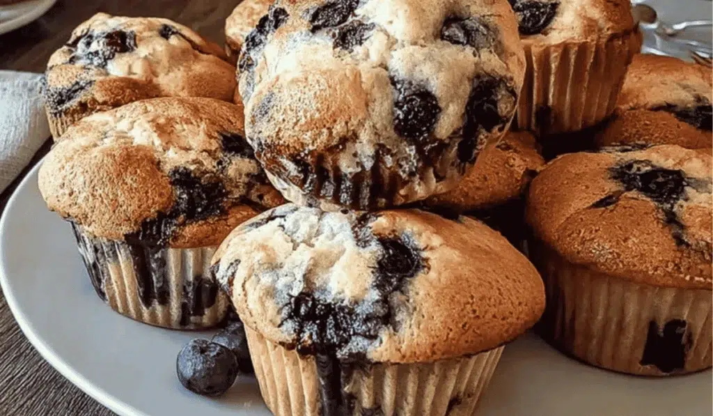 Freshly baked Kodiak Pancake Mix Blueberry Muffins Recipes tacked on a white plate