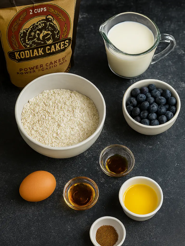 Measured ingredients for Kodiak Pancake Mix Blueberry Muffins Recipe arranged on a dark kitchen countertop