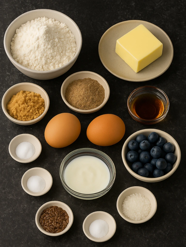 Ingredients for flaxseed blueberry muffins recipe arranged on a marble countertop