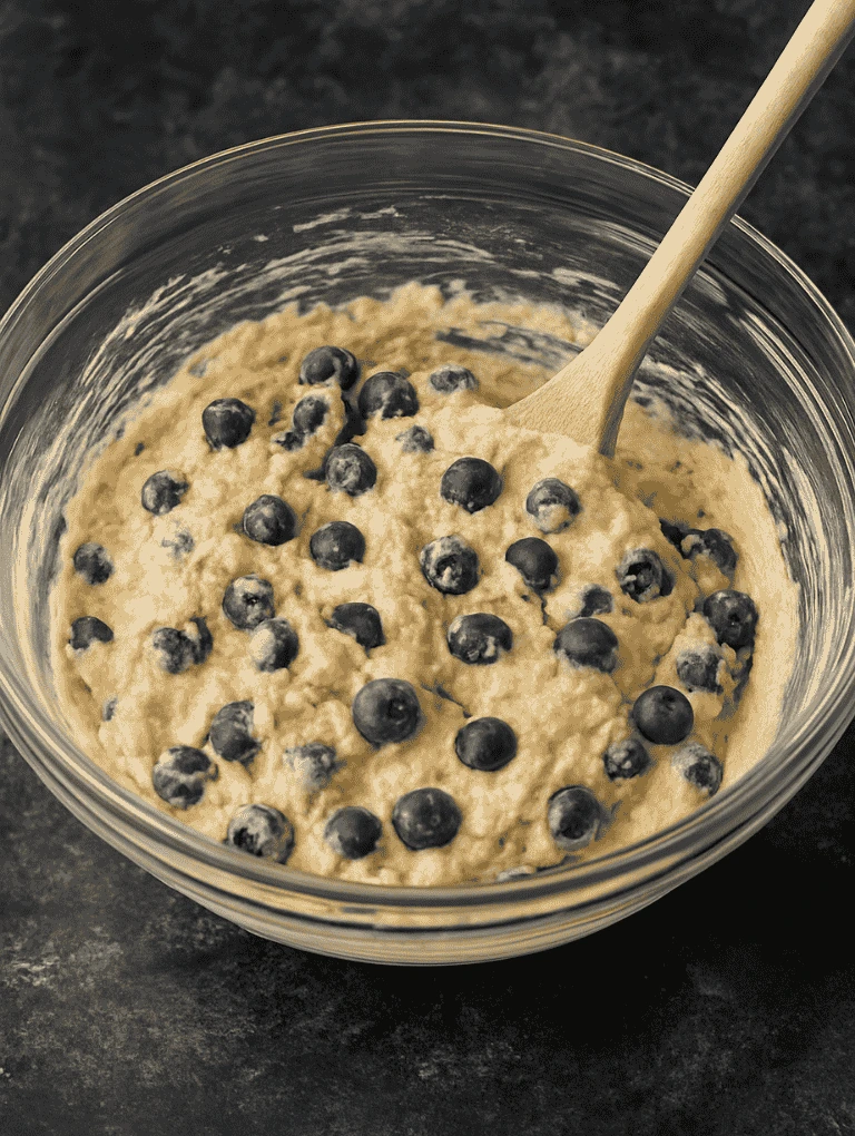 Muffin batter being mixed in a glass bowl with blueberries folded in