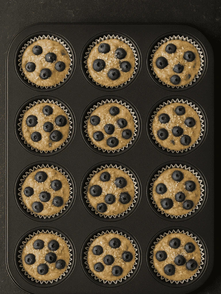Muffin batter scooped into a lined muffin tray