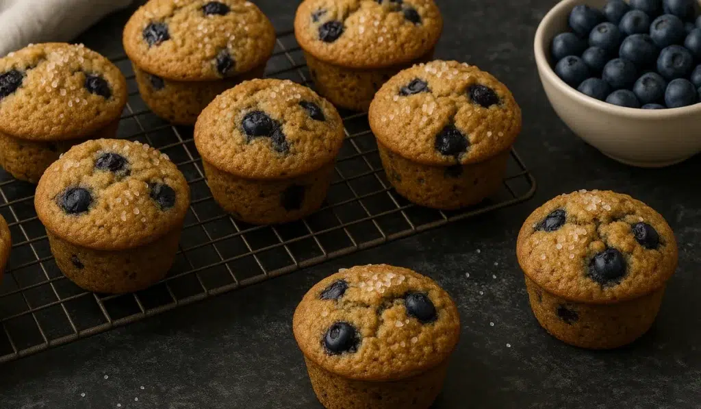 Freshly baked flaxseed blueberry muffins recipe cooling on a rack
