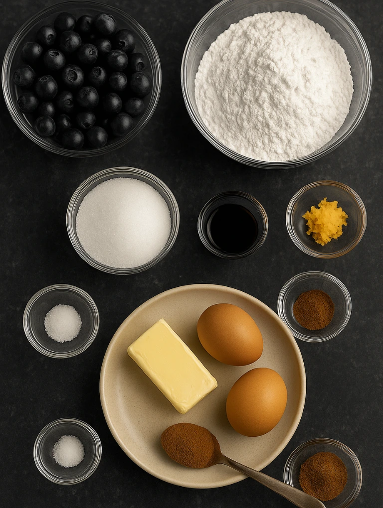 Flat lay of blueberry muffin ingredients in glass bowls on a dark countertop.