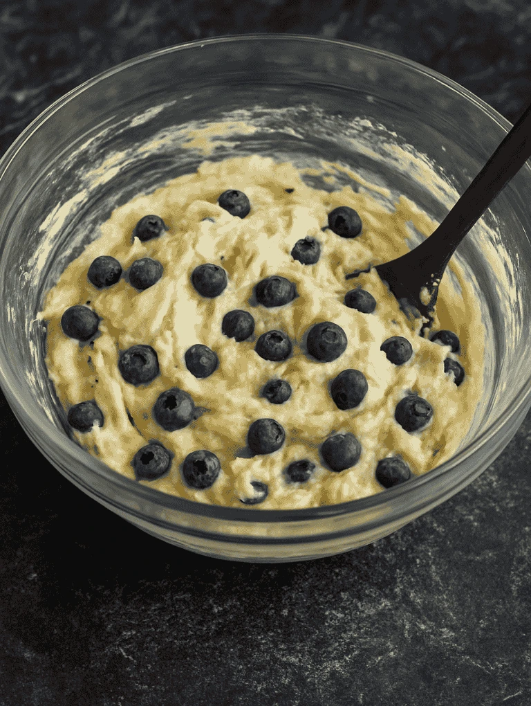 Muffin batter with blueberries and pistachios folded in