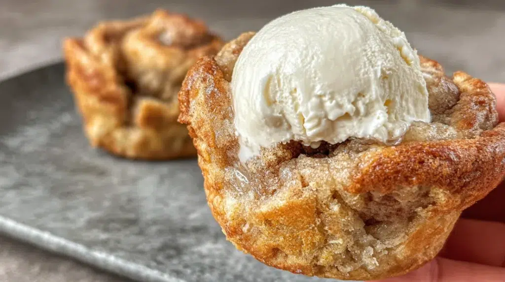 Close-up of apple pie cinnamon roll muffin topped with vanilla ice cream