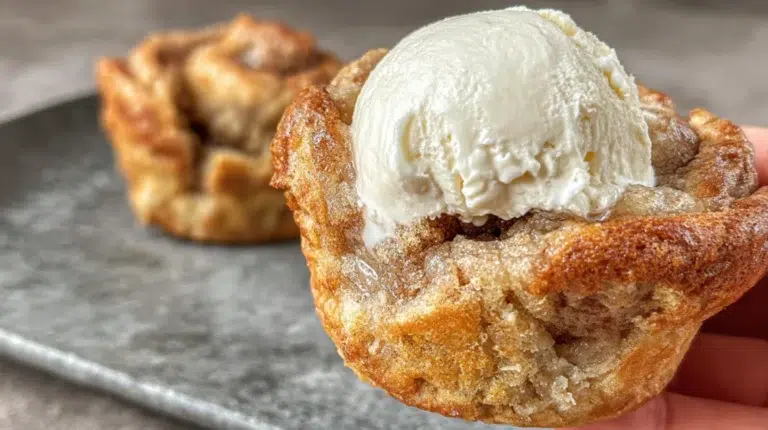 Close-up of apple pie cinnamon roll muffin topped with vanilla ice cream