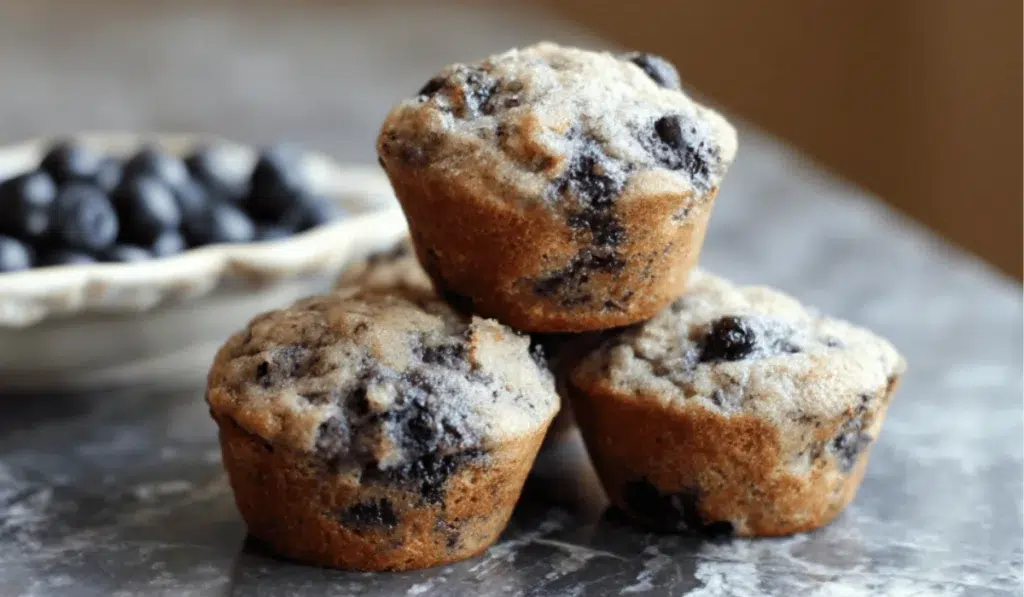 Freshly baked blueberry muffins stacked on a marble countertop with a bowl of blueberries in the background.
