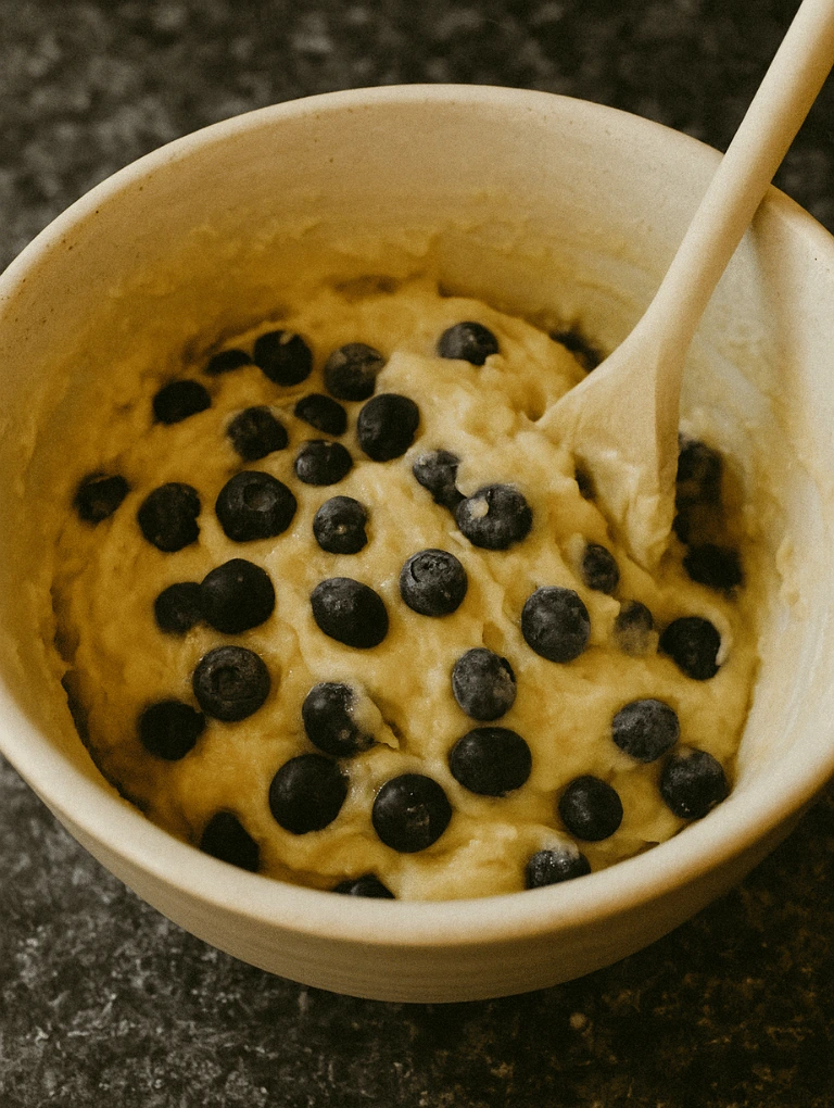 Mixing bowl filled with blueberry muffin batter and frozen blueberries on a dark countertop.