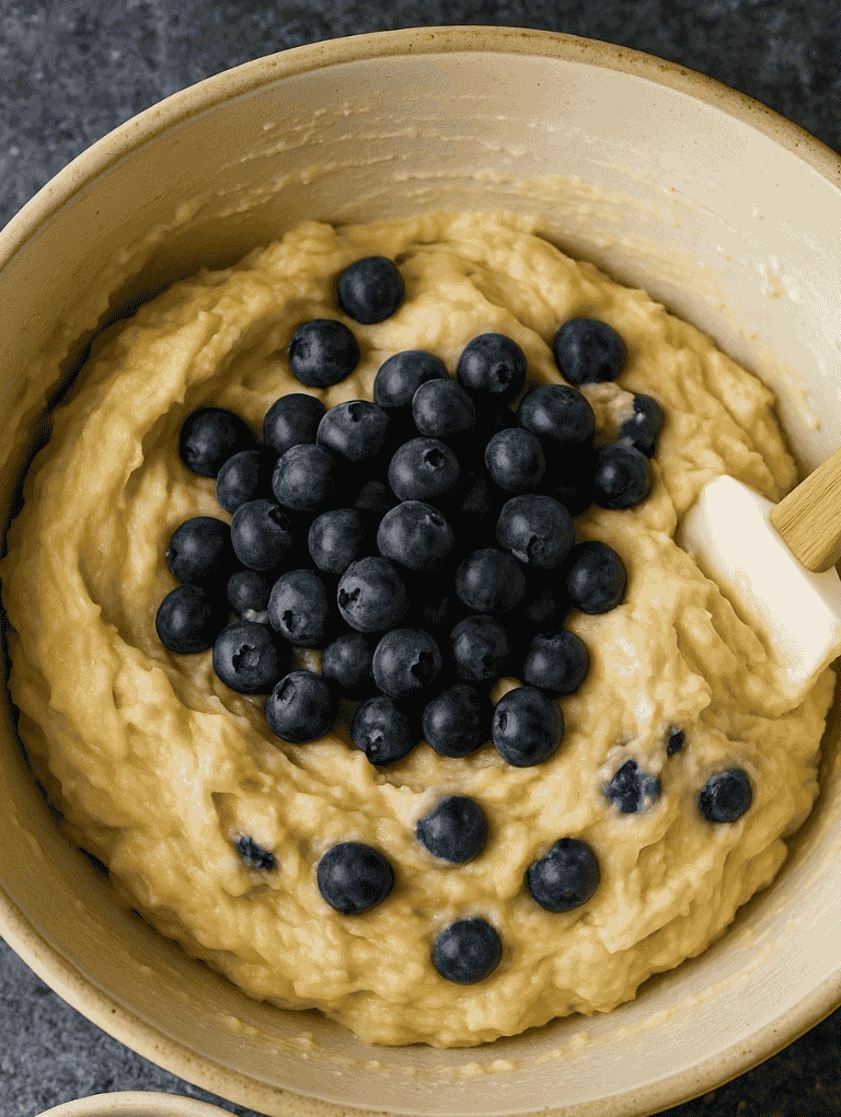 A mixing bowl filled with muffin batter and topped with fresh blueberries, ready to be folded in.