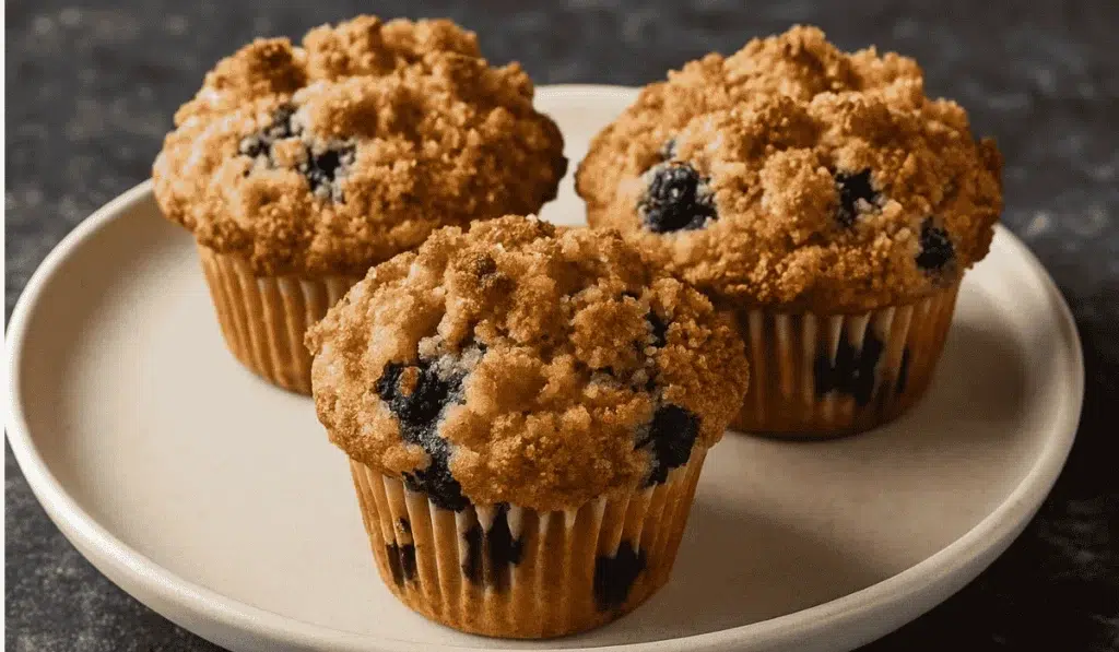 Three golden blueberry muffins with streusel topping on a white plate, placed on a dark countertop.