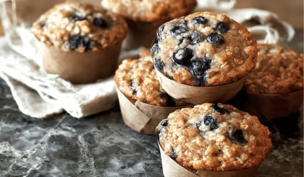 Freshly baked blueberry yogurt oat muffins in rustic brown paper liners on a marble countertop.