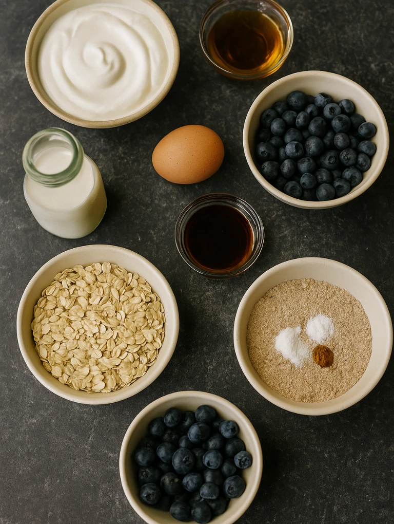 Top-down view of blueberry muffin ingredients including yogurt, oats, milk, egg, blueberries, honey, and spices on a dark rustic counter.