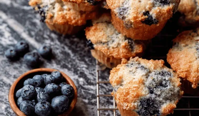 Freshly baked jumbo blueberry muffins on cooling rack with a bowl of fresh blueberries