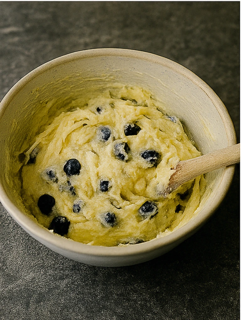 Bowl of homemade blueberry muffin batter with visible fresh blueberries