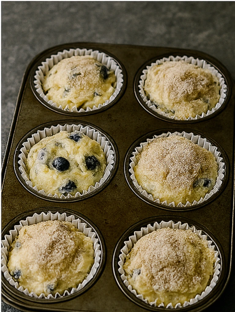 Unbaked blueberry muffins topped with cinnamon sugar in a lined jumbo muffin tin