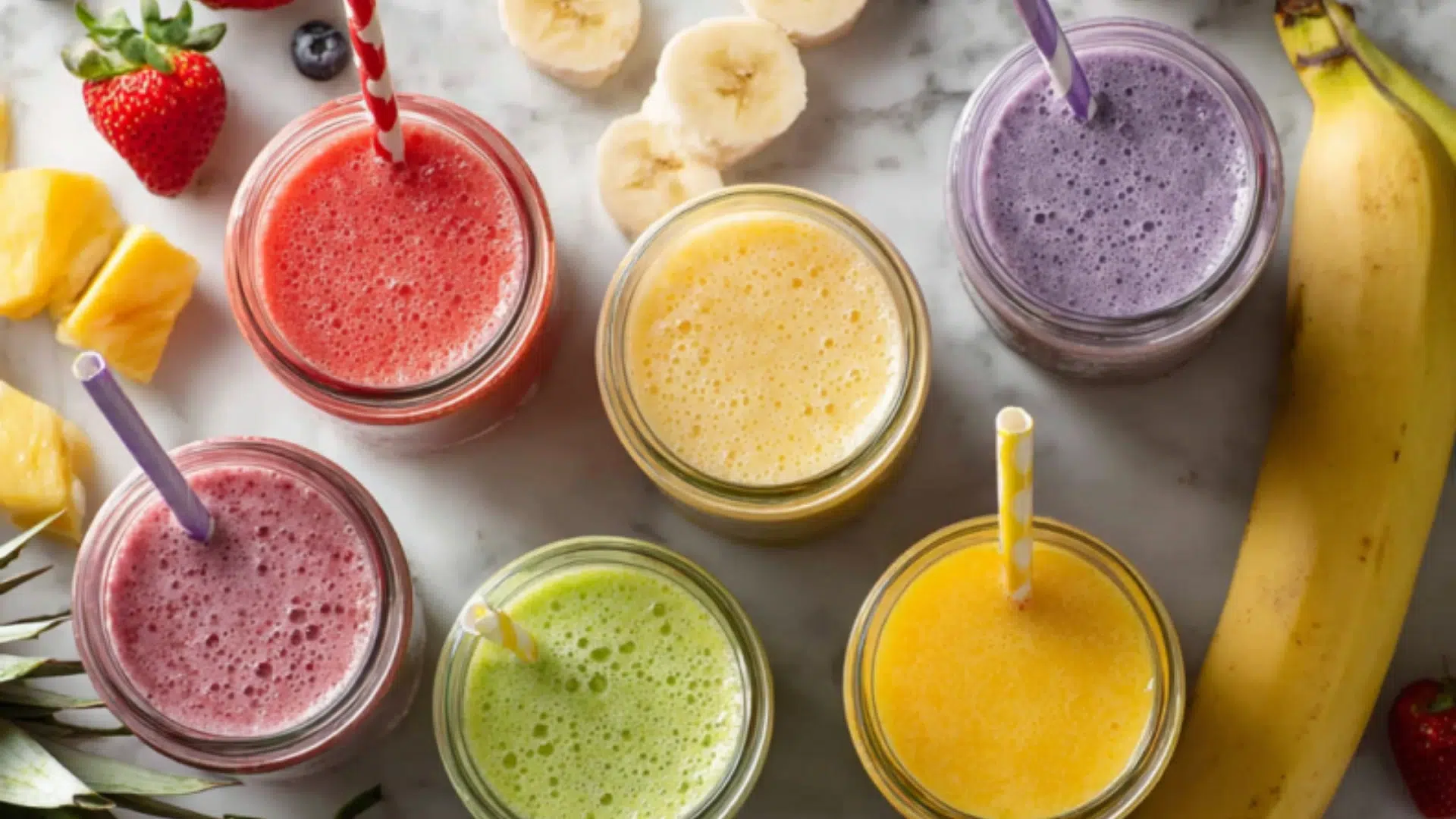 Six colorful tropical smoothies in glass jars with straws on a marble surface, surrounded by fresh banana, strawberries, pineapple, and blueberries.