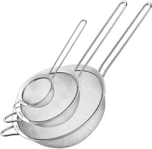 Three stainless steel mesh strainers in different sizes with long handles, nested together on a white background.