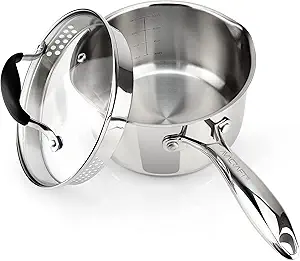Stainless steel saucepan with a strainer lid, ergonomic handle, and internal measurement markings, placed on a white background.