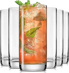 Set of tall highball glasses, ideal for serving Jetty Punch tropical smoothies.