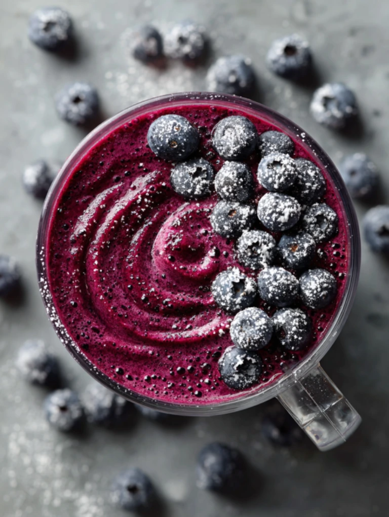 Overhead view of an acai berry boost smoothie topped with blueberries and powdered sugar.