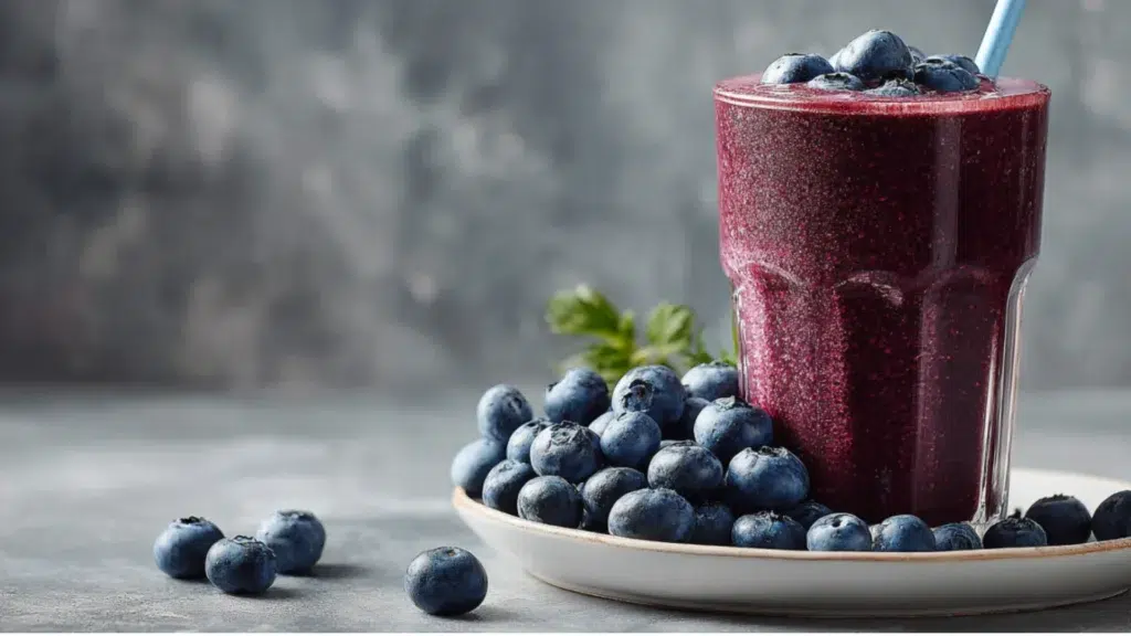 Acai berry boost smoothie in a tall glass surrounded by fresh blueberries.