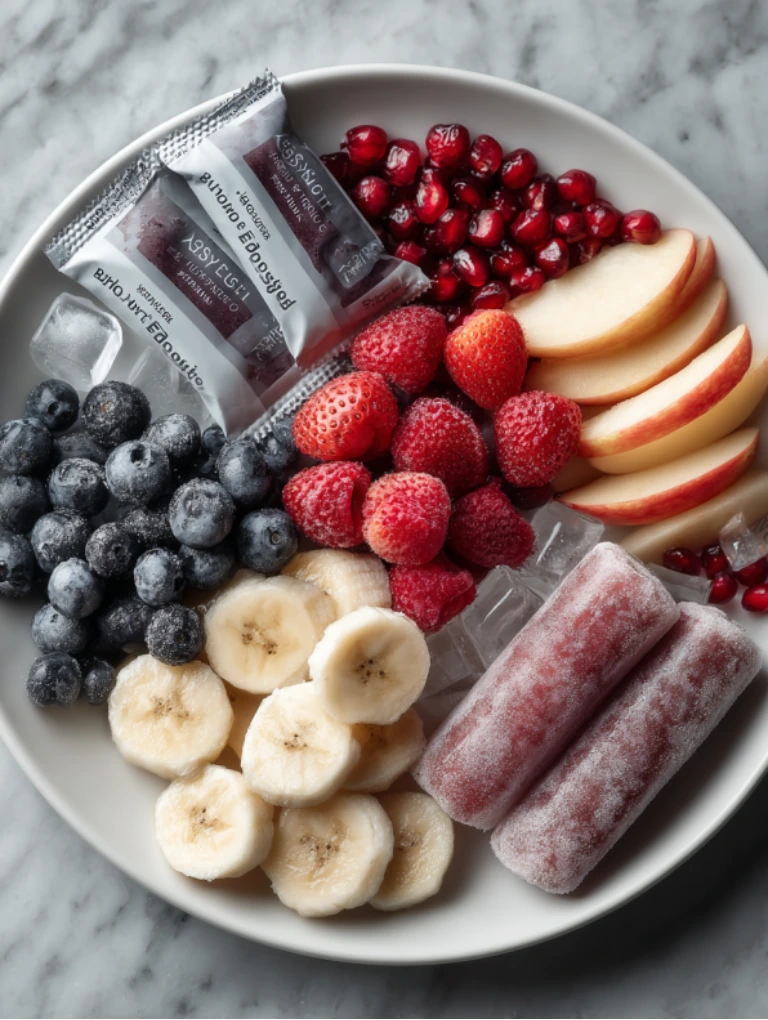 Ingredients for acai berry boost smoothie neatly arranged on a plate.