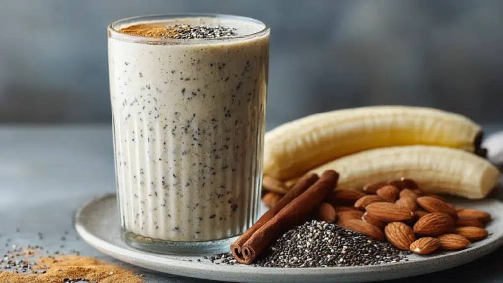 A tall glass of chia banana boost tropical smoothie topped with cinnamon and chia seeds, with bananas, almonds, and cinnamon sticks on a white plate on a gray countertop.