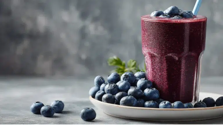 Acai berry boost smoothie in a tall glass surrounded by fresh blueberries.