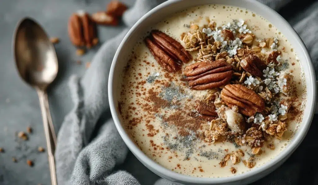 Apple cinnamon smoothie bowl topped with granola, chopped pecans, and cinnamon.