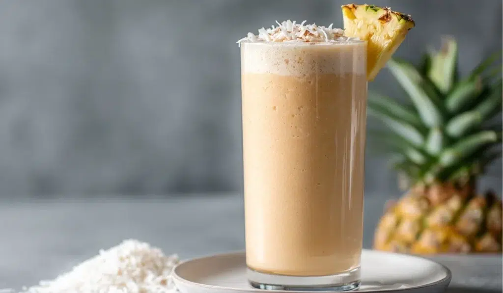 Bahama Mama tropical smoothie in a tall clear glass, garnished with pineapple wedge and shredded coconut on a gray kitchen countertop.