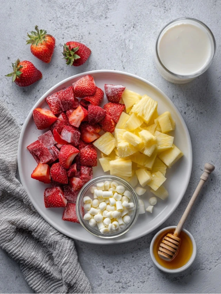 Flat lay of Bahama Mama smoothie ingredients including frozen strawberries, pineapple chunks, coconut milk, white chocolate chips, and honey on a white plate.
