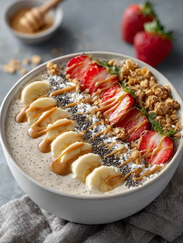 Four small white bowls showing variations of the banana peanut butter smoothie bowl: chocolate swirl, green boost with spinach, dairy-free coconut yogurt, and high-protein with nuts.