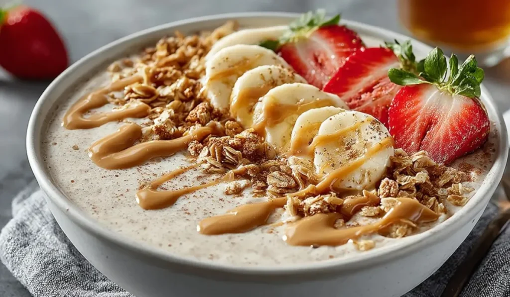 Banana peanut butter smoothie bowl topped with banana slices, strawberries, granola, and a drizzle of peanut butter.