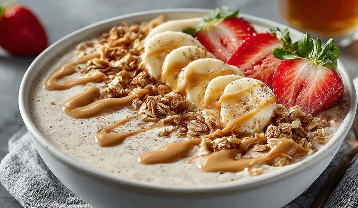 A thick banana peanut butter smoothie bowl in a white bowl, topped with granola, banana slices, strawberries, and a drizzle of peanut butter, on a gray countertop.