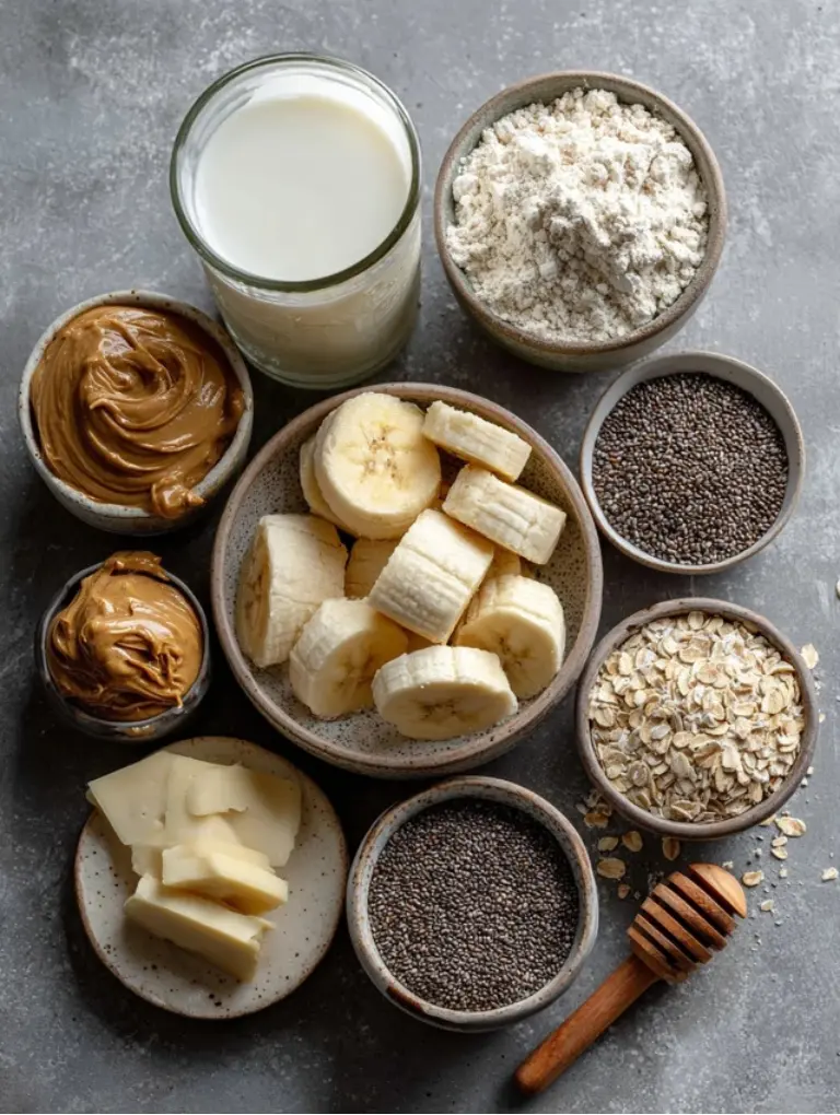 Frozen banana chunks, natural peanut butter, almond milk, protein powder, and chia seeds neatly arranged on a gray countertop.