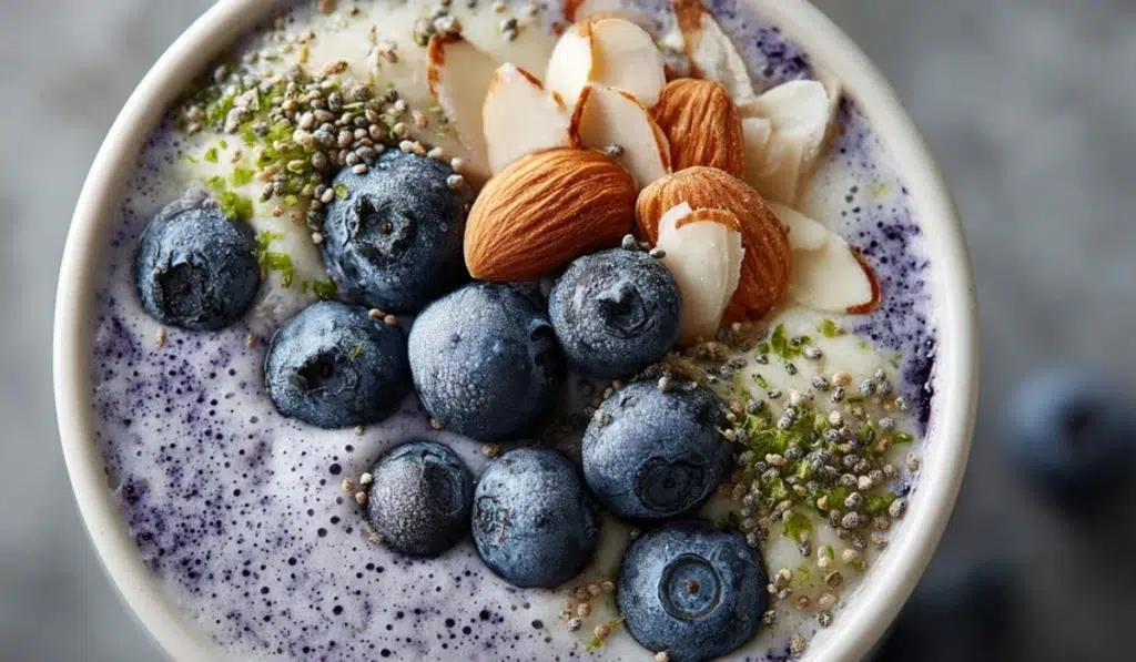 Blueberry smoothie bowl topped with sliced almonds, hemp seeds, and fresh blueberries.