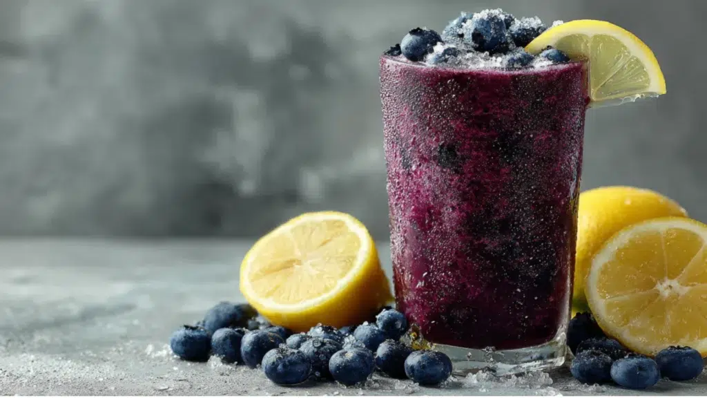 A tall frosty glass of blueberry lemonade smoothie with lemon slices and fresh blueberries on a gray countertop.