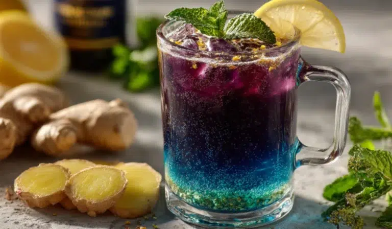 Clear glass mug of Brazilian Mounjaro Recipe tea transitioning from deep blue to vivid purple, garnished with lemon and mint on a gray countertop.