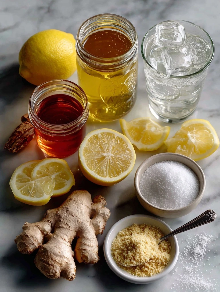 Brazilian Mounjaro Recipe With Baking Soda and HoneyFlat lay of Brazilian Mounjaro ingredients on a marble surface.