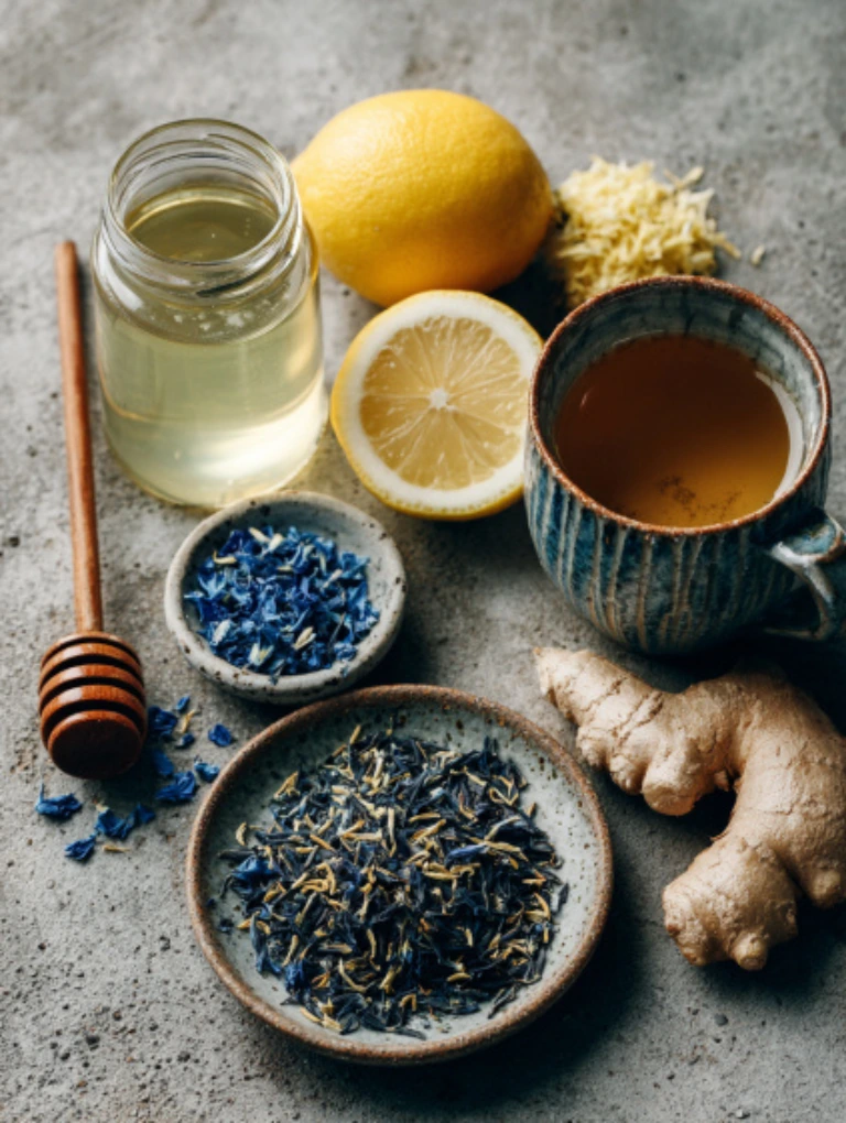 Flat lay of Brazilian Mounjaro with Apple Cider Vinegar ingredients including apple cider vinegar, halved lemon, fresh ginger with grater, honey, butterfly pea flowers, and a cup of warm water on a gray countertop.