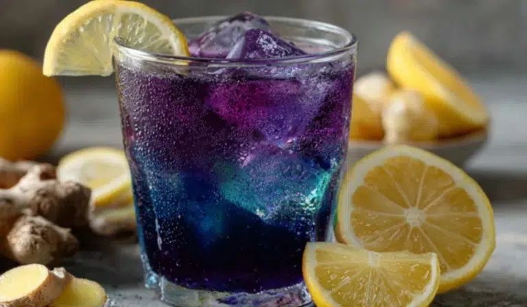 Brazilian Mounjaro with Apple Cider Vinegar in a clear glass with blue butterfly pea tea turning purple from added lemon juice, surrounded by lemon slices, ginger, and apple cider vinegar on a gray countertop.